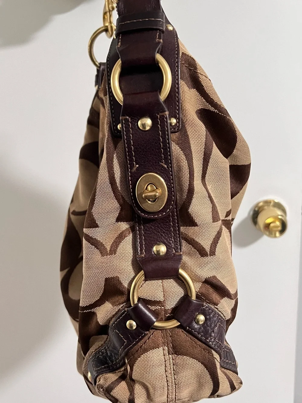 Coach Brown Signature Canvas Hobo Shoulder Bag with Dark Brown Trim